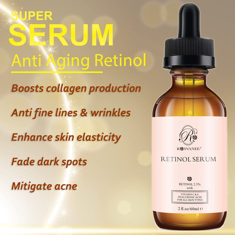[Australia] - ROSVANEE Retinol Serum for Face 60ml - High Strength with 2.5% Retinol, Hyaluronic Acid, Vitamin C & E, Anti Aging Facial Serum for Skin Repair, Acne, Scar, Dark Spot, Fine Line and Wrinkles 
