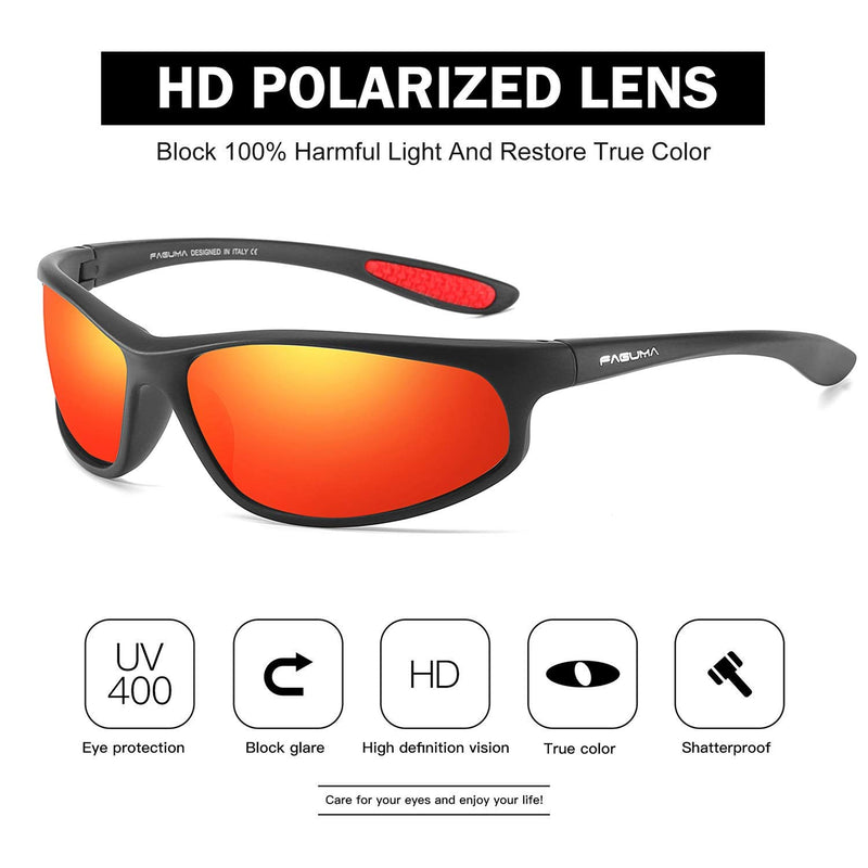 [Australia] - FAGUMA Polarized Sports Sunglasses For Men Cycling Driving Fishing 100% UV Protection A1 Matte Black Frame/Red Mirrored Lens 