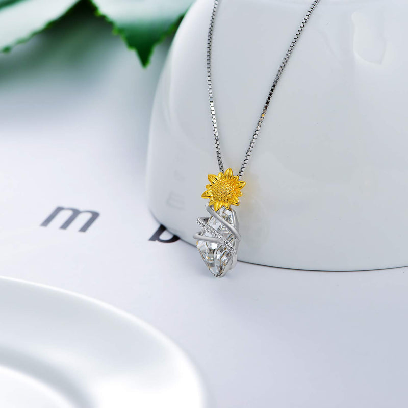 [Australia] - TOUPOP Sunflower Necklace 925 Sterling Silver Wish Stone Pendant Necklace with Crystal You are My Sunshine Jewelry for Women Teen Girls Birthday Gifts White Wish Stone 