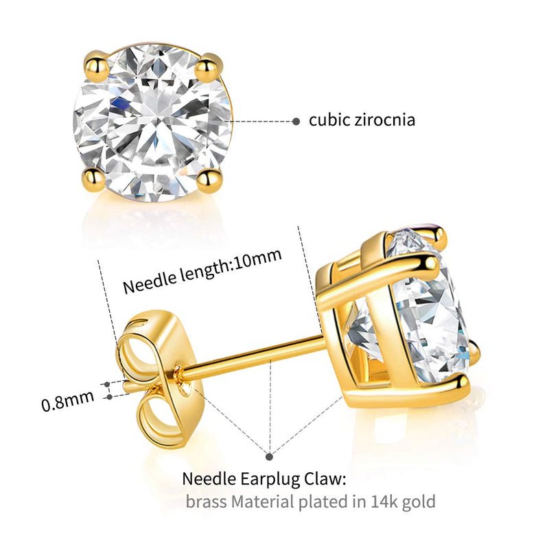 [Australia] - 6 Pairs 14K Yellow Gold Plated Round Cut Clear Cubic Zirconia Stud Earring Pack 6pcs gold earring packing 