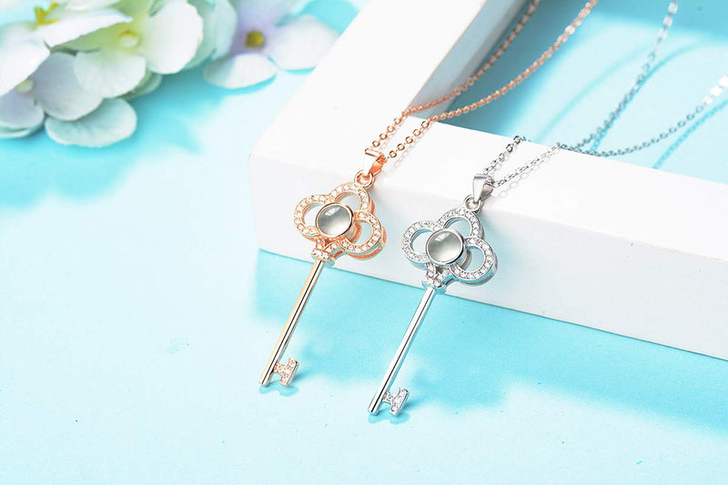 [Australia] - BEAUTY CHARM I Love You Necklace100 Languages Sterling Silver Key Pendant Necklace for Women 2Rose gold 