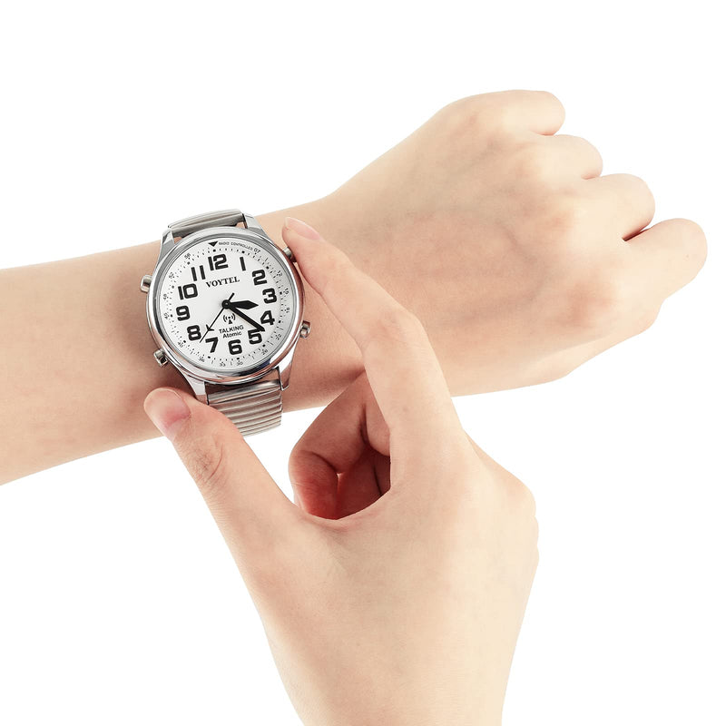 [Australia] - MAUJOY Quality Clear and Loud American Human Voice Atomic English Talking Watch Speaks The Time, Date or Alarm time for Elderly, Impaired Sight or Blind. White Face-Black Numbers 113 