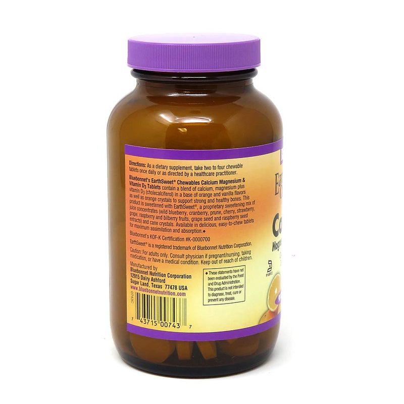 [Australia] - Bluebonnet Nutrition Calcium Magnesium Plus Vitamin D3 Earthsweet, Bone Health & Muscle Relaxation, Soy-Free, Gluten-Free, Kosher, Dairy-Free,90 Orange Vanilla Flavored Chewable Tablets 