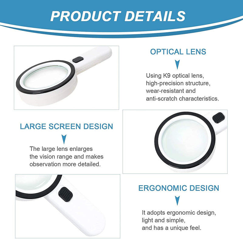 [Australia] - Magnifying Glass with 12 LED Lights, 30X Double Glass Lens Handheld Illuminated Magnifier Reading Magnifying Glass with for Seniors Read, Coins, Stamps, Map, Inspection, Macular Degeneration All White 