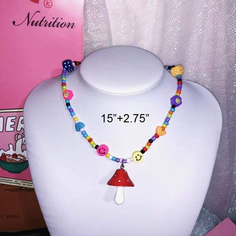 [Australia] - Y2K Necklace Colorful Beaded Necklace Smiley Face Mushroom Beaded Necklace Indie Jewelry for Girls Women 