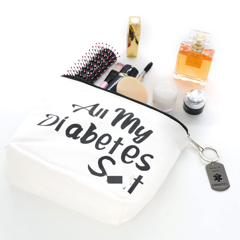 [Australia] - Diabetic Gifts All My Diabetes Funny Diabetic Travel Bag Pouch＋Diabetic Keychain Personalized Gift Diabetic Supplies for Grandma Grandpa Mom Dad Sister Brother for Birthday Christmas Gifts (White) White 