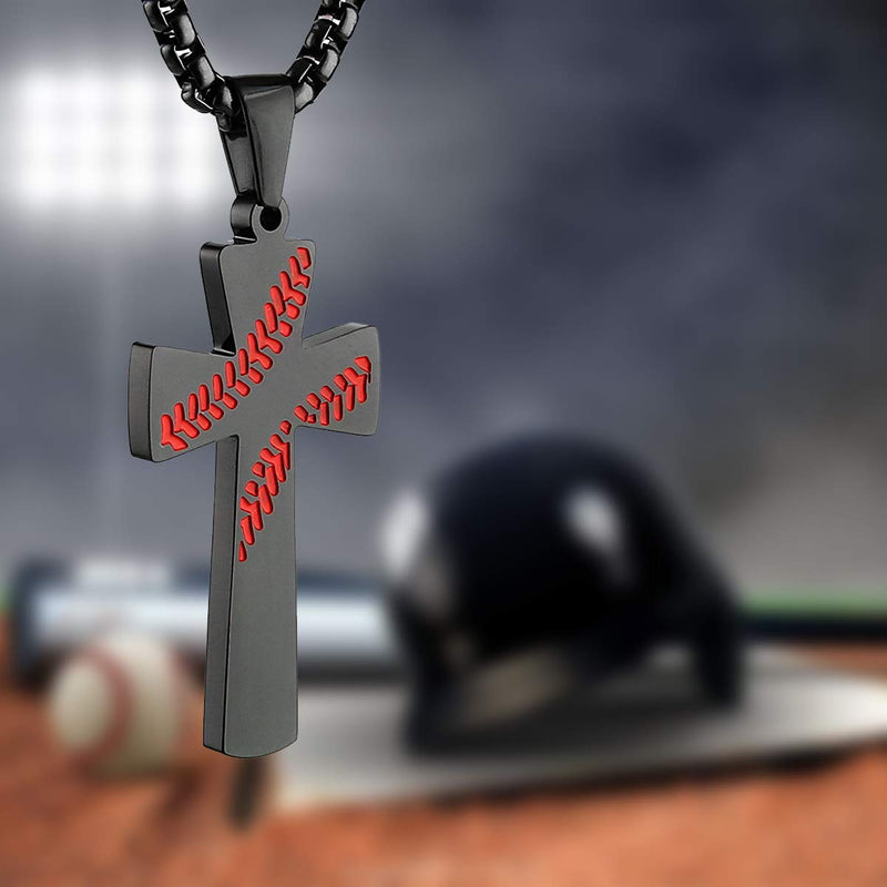 [Australia] - Boys Mens Baseball Cross Pendant Necklace 18K Gold Plated Bible Verse Stainless Steel Necklace Jewelry A-Black 