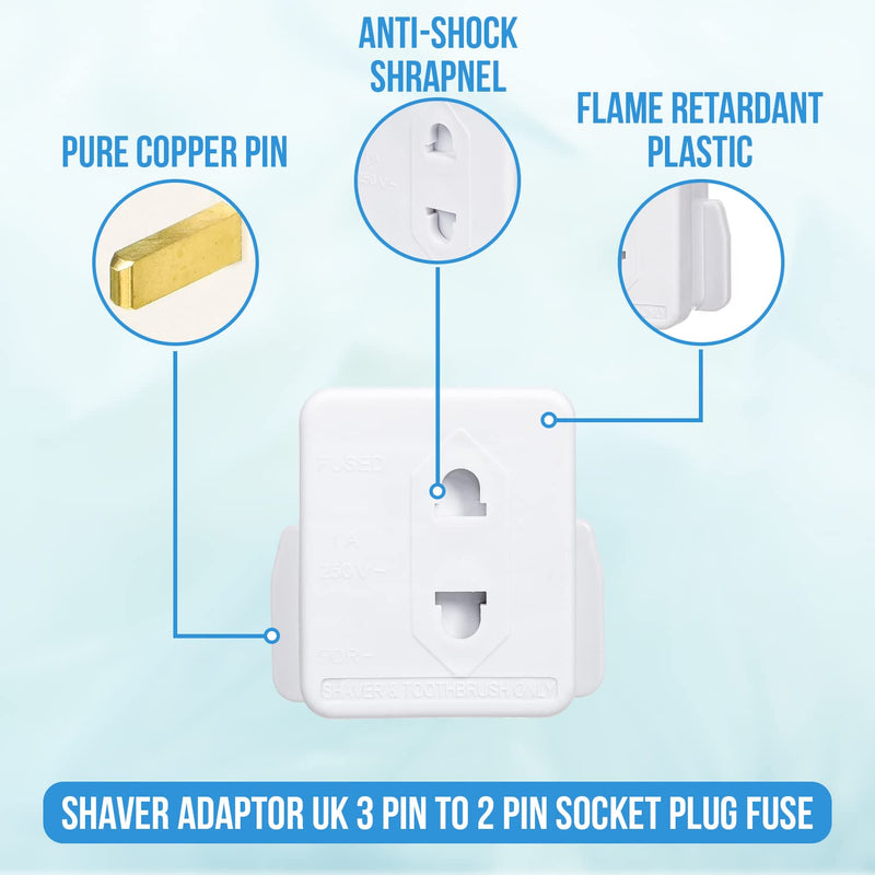 [Australia] - Invero® 2x Pack of Shaver Adaptor UK 3 Pin to 2 Pin Socket Plug Fuse ideal for Electric Toothbrush, Bathroom Shaving and more - White 