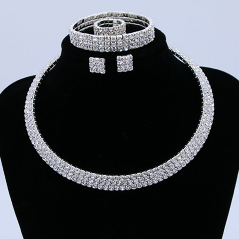 [Australia] - Wiwiw 3-5 Row Crystal Rhinestone Choker Necklace Earrings Bracelet Ring Jewelry Set for Bridal Wedding 3 Row Set 