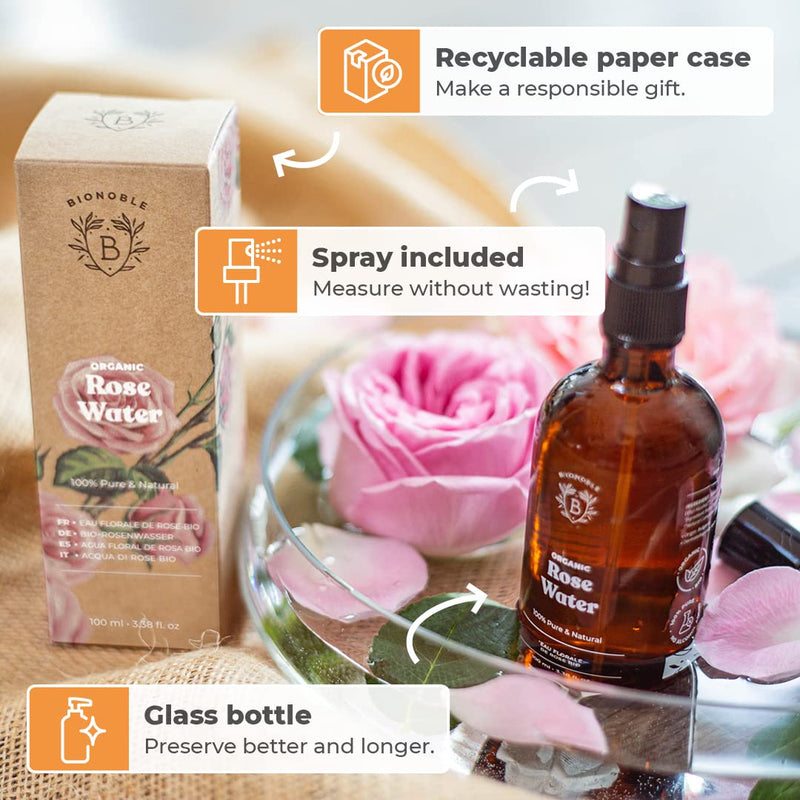 [Australia] - Bionoble Organic Rose Water 100ml - 100% Pure and Natural Damask Rose Hydrolat - Face, Eye Contour, Body, Hair - Glass Bottle + Spray 100 ml (Pack of 1) 