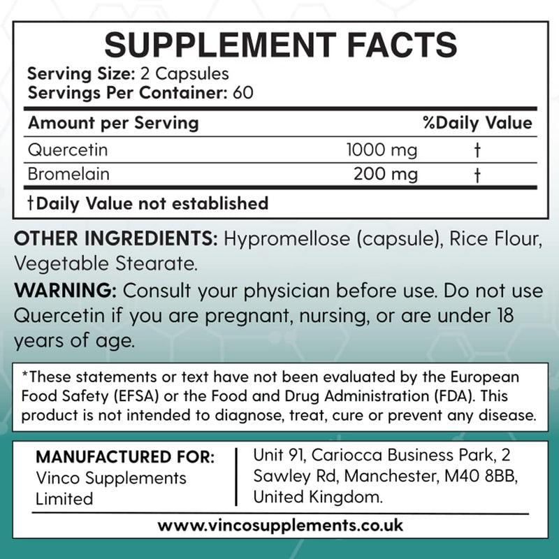 [Australia] - Vinco Quercetin with Bromelain Supplement - 1000mg Quercetin & 200mg Bromelain Per Serving � 120 High Strength Capsules - for Immune Support � Non-GMO & Gluten Free 