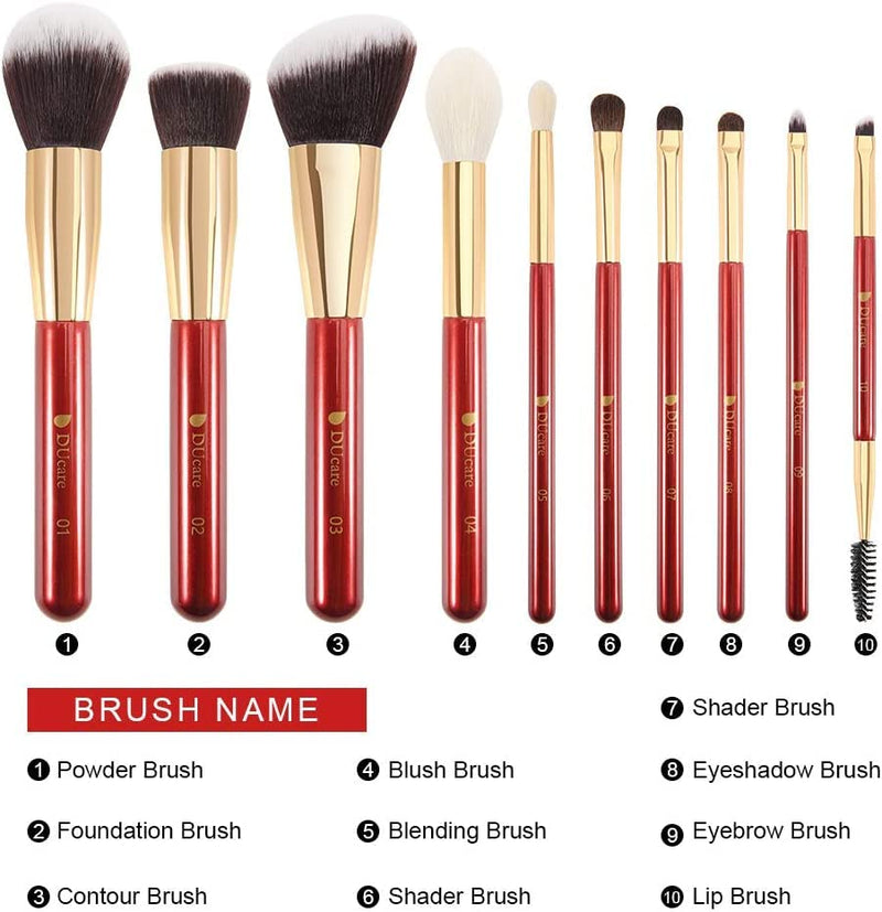 [Australia] - DUcare Makeup Brushes Red 10 Piece Makeup Brush Set with Case Premium Synthetic Hairs Kabuki Foundation Blending Eye Cosmetic Brushes Kit 10PCS 
