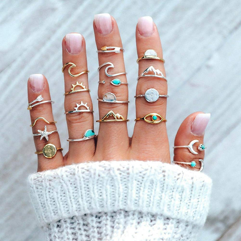 [Australia] - 7-19pcs Silver Star Moon Knuckle Ring Set for Women Girls Vintage Stackable Midi Finger Rings Set A2: Silver&Gold 