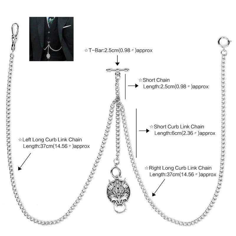 [Australia] - SIBOSUN Men's Double Albert Double Chain Pocket Watch Curb Link Key Chain 3 Hooks with Antique Direwolf Wolf Pendant Fob T Bar Watch Chain 1 Silver 