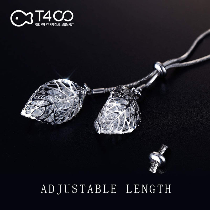 [Australia] - T400 White Golden Double Leaves Long Sweater Chain Pendant Necklace with Cubic Zirconia for Women Girls 