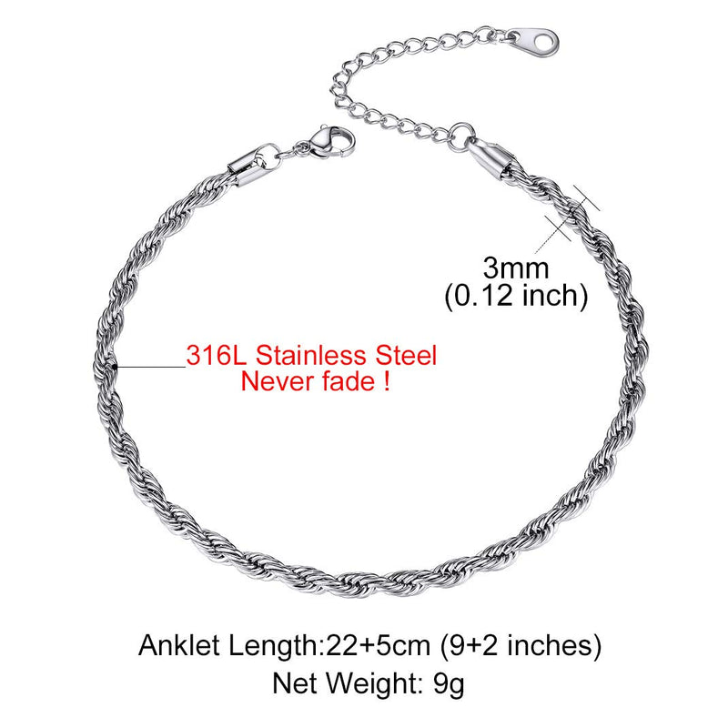 [Australia] - GoldChic Adjustbale Link Chain Anklet for Women Girls, 316L Stainless Steel Figaro/Wheat/Twist Rope/Cuban Foot Bracelet-Waterproof, Resizable 9"-12" (Gift Box Included) 04-Steel 
