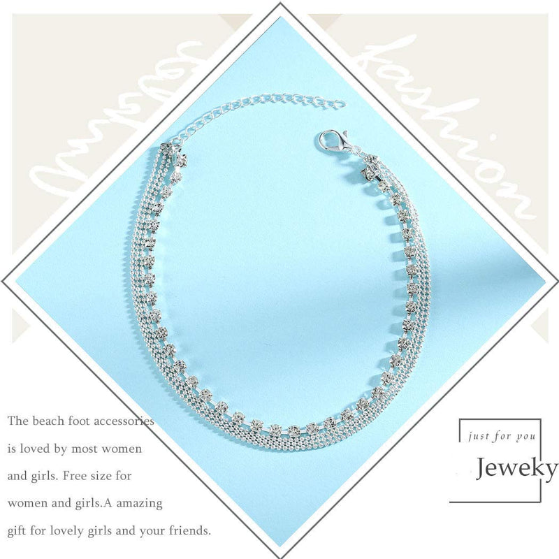 [Australia] - Jeweky Boho Layered Crystal Anklets Silver Rhinestone Ankle Bracelets Chain Beach Foot Jewelry for Women and Girls 