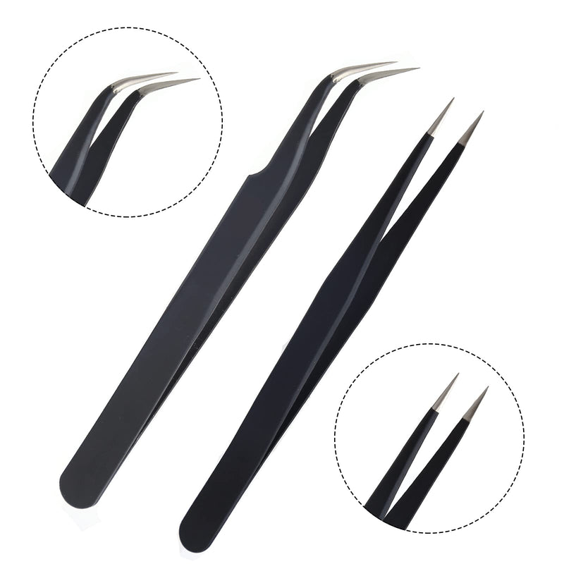 [Australia] - AIEX 2Pcs Lash Tweezers, Stainless Steel Eyelash Extension Tweezers Straight and Curved Tip Eyelash Tweezers (Black) Black 