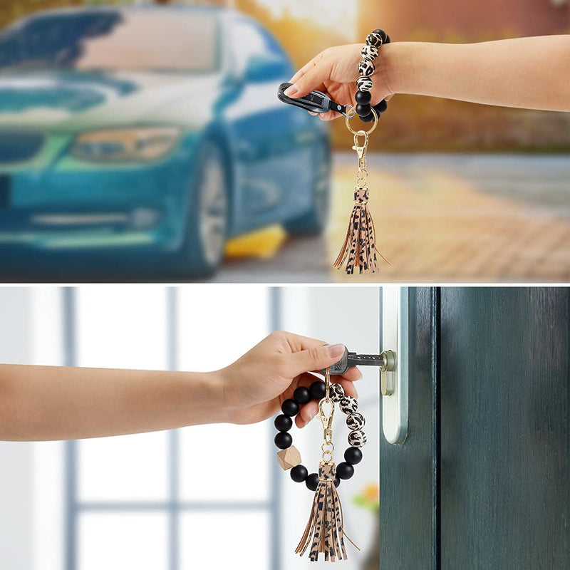 [Australia] - Doormoon Keychain Bracelet, Elastic Silicone Beads Wristlet Keys Ring with Tassel for Cars Key Keychains A-leopard 