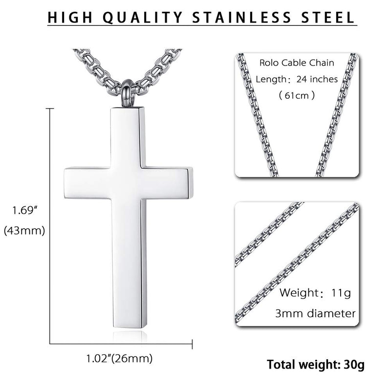 [Australia] - REVEMCN Cross Urn Necklace for Ashes Stainless Steel Cross Pendant Necklace for Men Women 20-24 Inches Chain Silver Tone (Larger) 24.0 Inches 