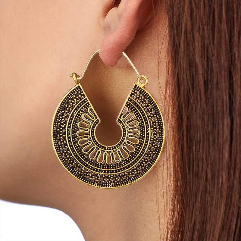 [Australia] - Faccubee 5 Pairs Women Lady Girls Fashion Jewelry Vintage Ancient Antique Gold Silver Bronze Boho Bohemian Tribal Ethnic Round Heart Shaped Big Large Hoop Drop Dangle Hollow Out Carved Earrings 