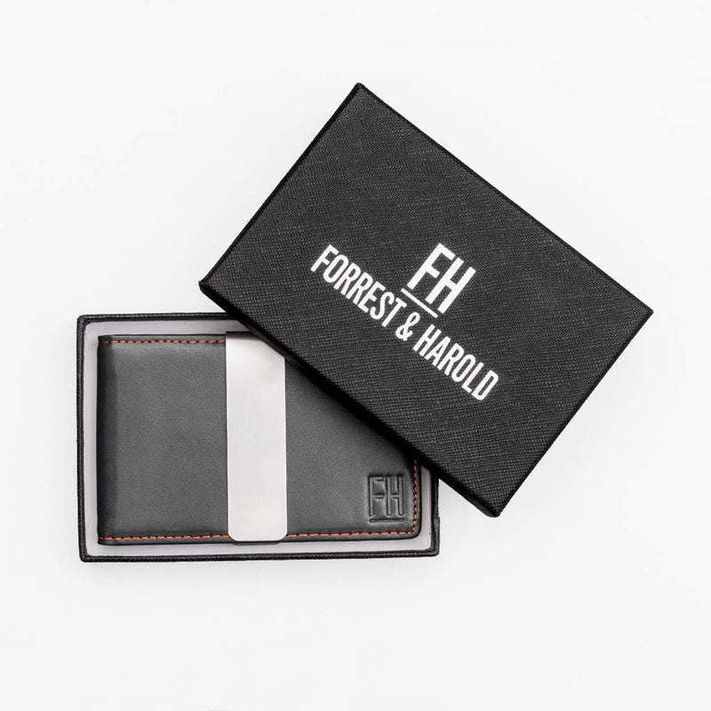 [Australia] - F&H Minimalist Slim Leather Wallet Money Clip Holds 8 Cards Charcoal / Rust 