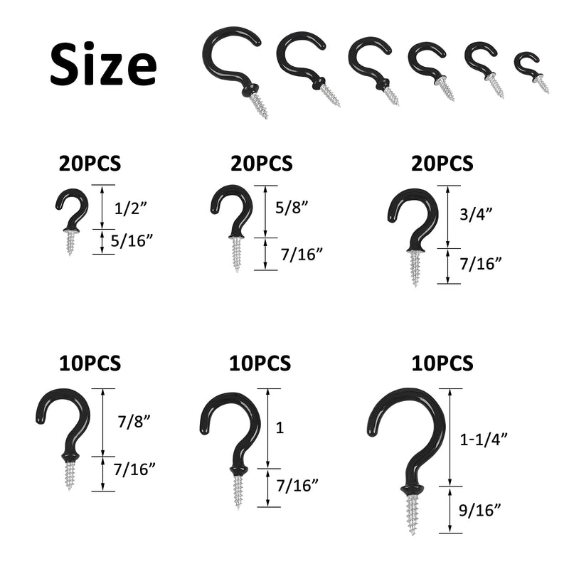 [Australia] - 90 Pcs Black Ceiling Hooks kit, 6 Sizes Vinyl Coated Screw-in Ceiling Hooks, Plant Hooks Kitchen Hooks Cup Hooks Ceiling Hooks for Hanging (1/2", 5/8",3/4",7/8",1'',1-1/4") 