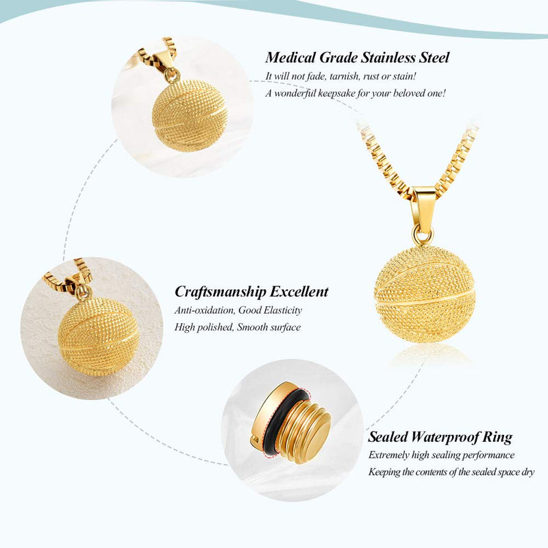 [Australia] - XSMZB Basketball Cremation Jewelry for Ashes Stainless Steel Sport Keepsake Pendant Locket Memorial Urn Necklace for Men Women Gold 