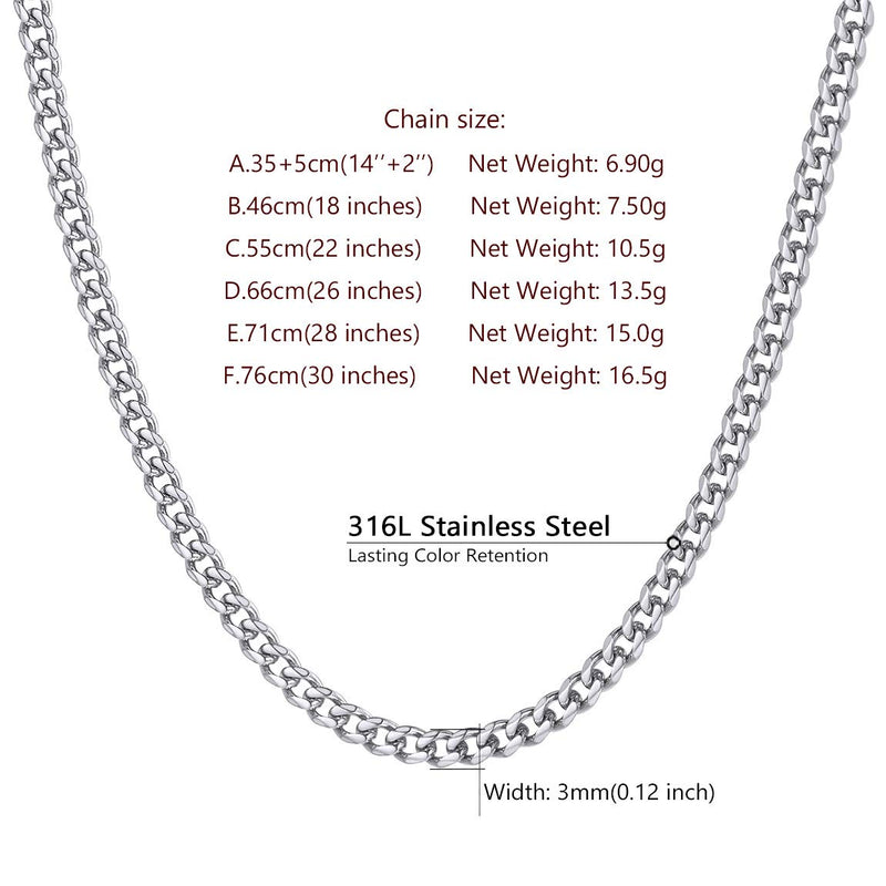 [Australia] - ChainsPro 3/4/6/9/12mm Box/Cuban Link Chain Necklace,14/18/22/24/26/28/30 inch, 316L Stainless Steel/18K Gold Plated/Black -Send Gift Box 14.0 Inches 01: Cuban-3mm-stainless 