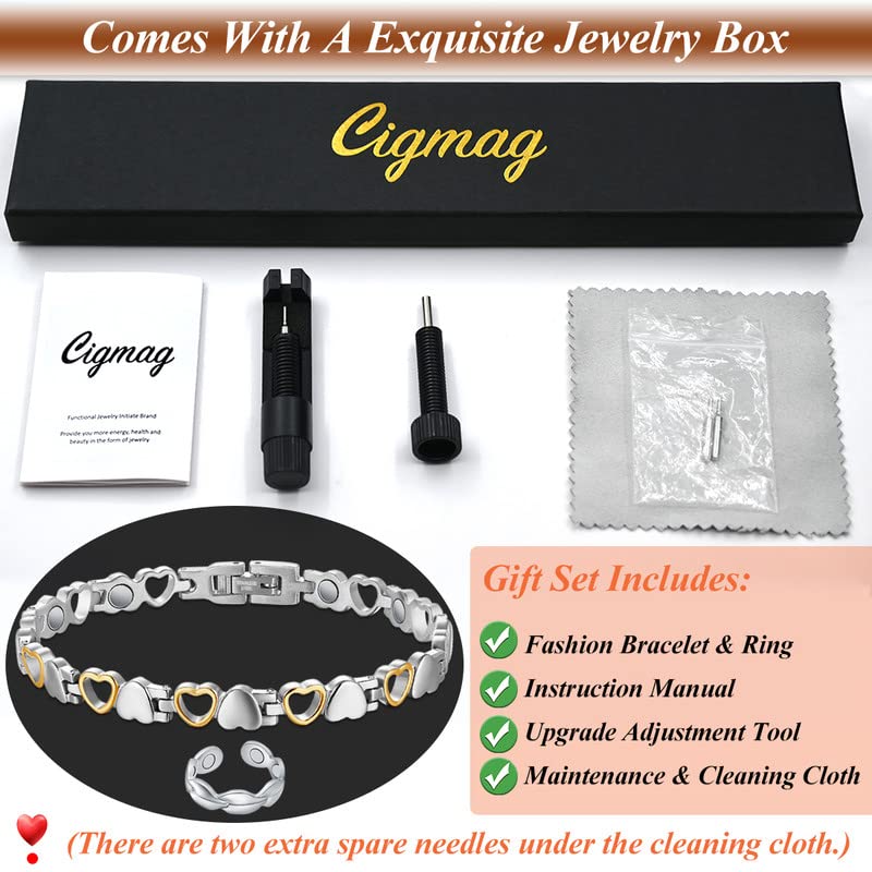 [Australia] - Cigmag Magnetic Bracelet for Women Titanium Steel Bracelets Ultra Strength Magnet with Adjustable Tool and Gift Box (Love) Love Bracelet & Fishtail Ring 