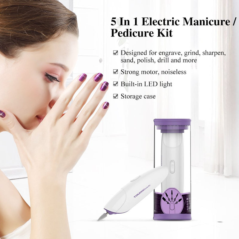 [Australia] - TOUCHBeauty Electric Nail File Drill Buffer Polisher Set with LED Light, Professional 5in1 Portable Manicure & Pedicure Kit for Natural Acrylic Nail Home Use,Nail Salon Battery Powered Purple TB-1333 