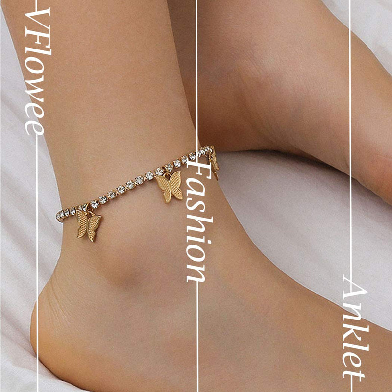 [Australia] - VFlowee Butterfly Crystal Anklets Women Sparkly Ankle Bracelets Butterflies Bracelet Rhinestone Foot and Hand Chain Jewelry (Gold) Gold 