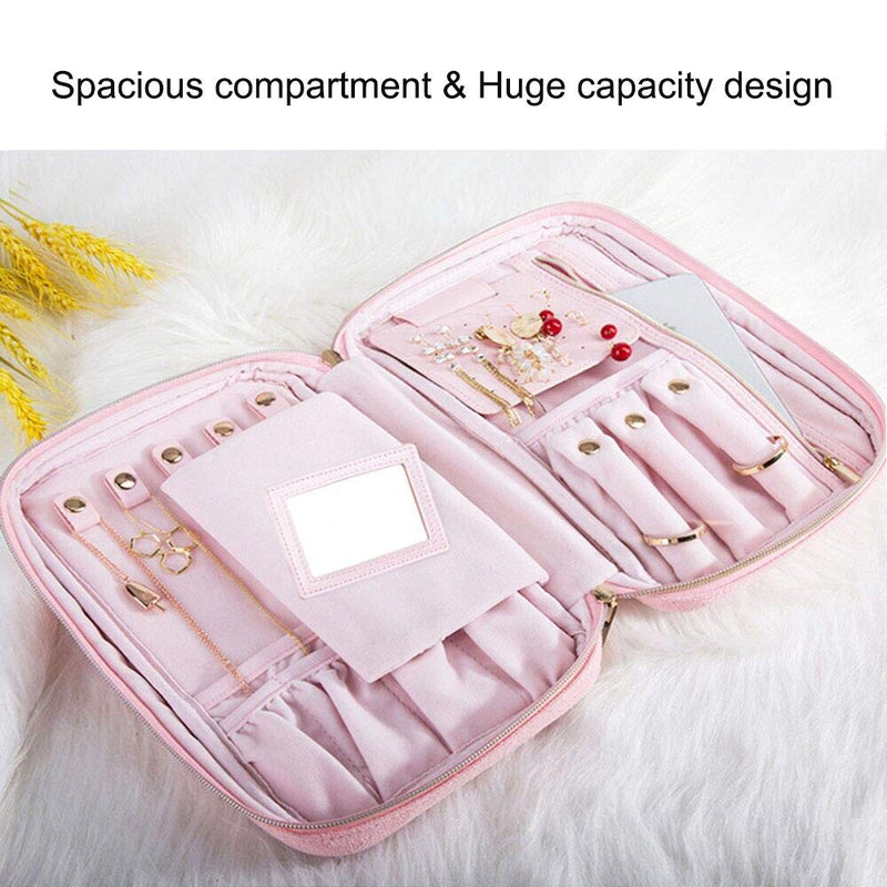 [Australia] - Travel Jewelry Organizer with a Detachable Mirror- Jewelry Case - Jewelry Storage Box for Earrings, Rings, Necklace, Bracelets - Women Quilted Jewelry Box Organizer - Girl Portable Jewelry Case (Pink) 