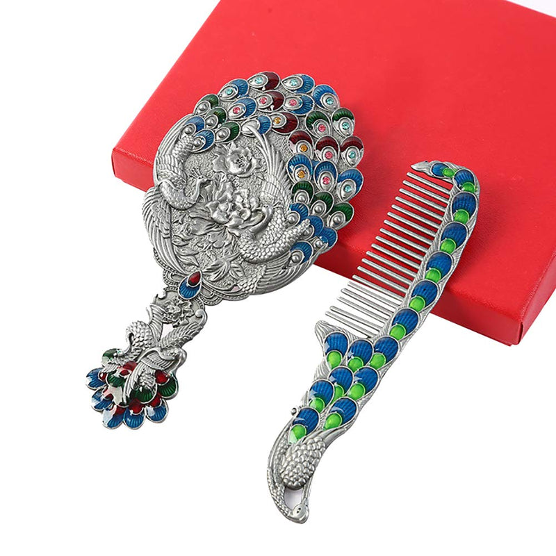 [Australia] - Nerien Women's Antique-Style Metal Peacock Russian Style Cosmetic Mirror Vanity Mirror Handle Mirror Set with Comb Antique Pewter 