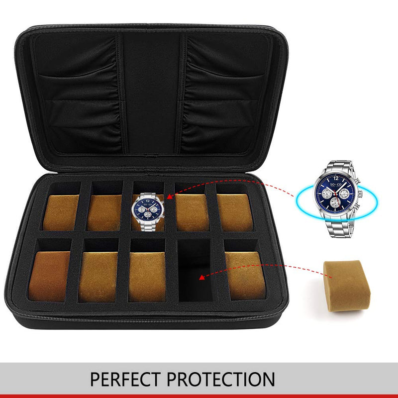 [Australia] - 10 Slots Watch Box Organizer/Men Watch Display Storage Case Fits All Wristwatches and Smart Watches up to 42mm with Extra 4 Pocket for Watch Band and Other Accessories (Black) Brown Pillow 
