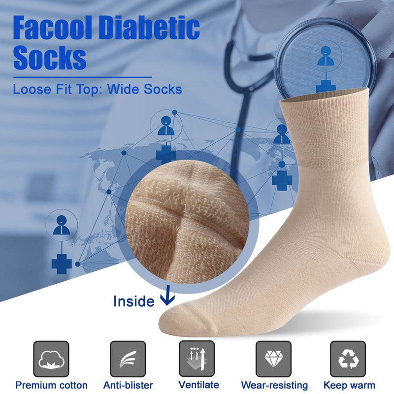 [Australia] - Facool Diabetic Socks for Men Women, Dress Cushioned Crew Cotton Socks with Non-Binding,Loose Top,Seamless Toe 6 Pairs 6 X Beige X-Large 