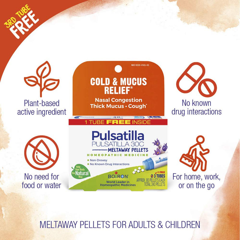 [Australia] - Boiron Pulsatilla 30C Homeopathic Medicine for Relief from Cold, Nasal Congestion, Thick Mucus, and Cough - 3 Count (240 Pellets) 