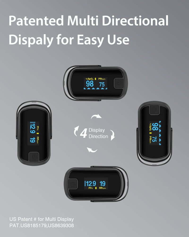 [Australia] - MIBEST Black OLED Finger Pulse Oximeter - Blood Oxygen Saturation Monitor - SPO2 Pulse Oximeter - Portable Oxygen Sensor with Included Batteries - O2 Saturation Monitor with Respiration Rate and PI 
