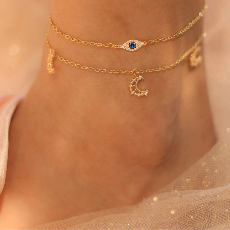 [Australia] - WEARON Blue Evil Eye Anklet Handmade 18k Gold Plated Dainty Boho Beach Cute Ankle Bracelet Adjustable Layered Foot Chain for Women 