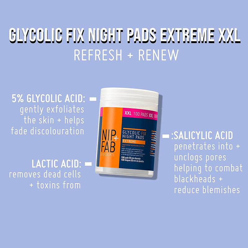 [Australia] - Nip + Fab Glycolic Acid Night Pads for Face with Salicylic, Hyaluronic Acid, Exfoliating Resurfacing AHA Facial Pad for Skin Toning Blemish Control Pigmentation, 100 Supersize Pads, Extreme 