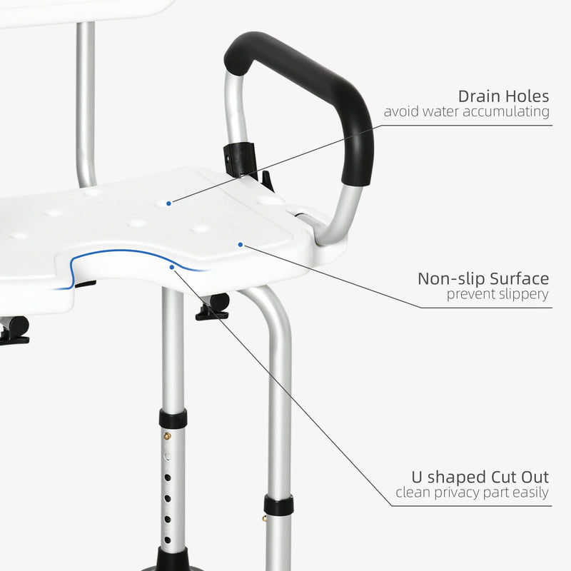[Australia] - HOMCOM Shower Chair for the Elderly and Disabled, Height Adjustable Shower Stool with Back and Flipped Padded Arms, Suction Foot Pads, White 