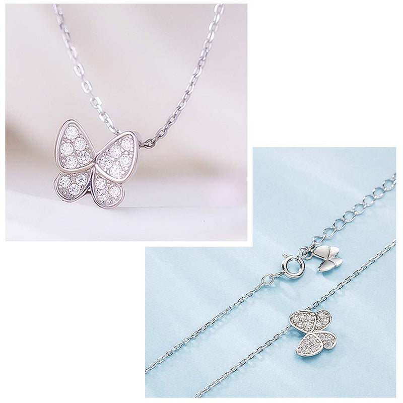 [Australia] - Sterling Silver Cute Butterfly Necklace for Women Teen Girls Kids Crystal Cubic Zirconia Charm Dainty Small Pendant Choker Necklace Adjustable Chain 18" Fashion Jewelry 