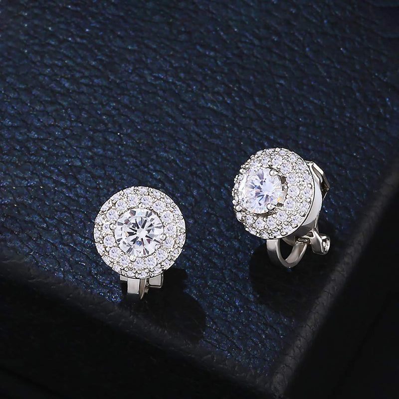 [Australia] - QUKE Cubic Zirconia Crystal Clip On Stud Earrings Non Pierced Earrings For Women Girls Circular Jewelry 