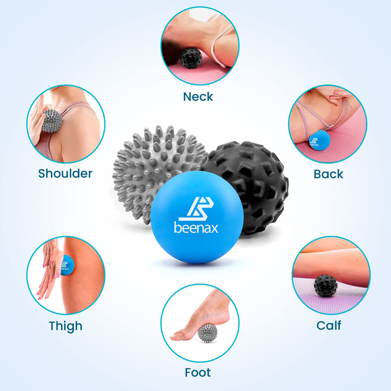[Australia] - Beenax Massage Ball (Set of 3) - Perfect for Deep Tissue, Muscle Recovery, Trigger Point, Myofascial Release, Plantar Fasciitis and Muscle Relief - Designed to Relieve Stress and Relax Tight Muscles Blue 