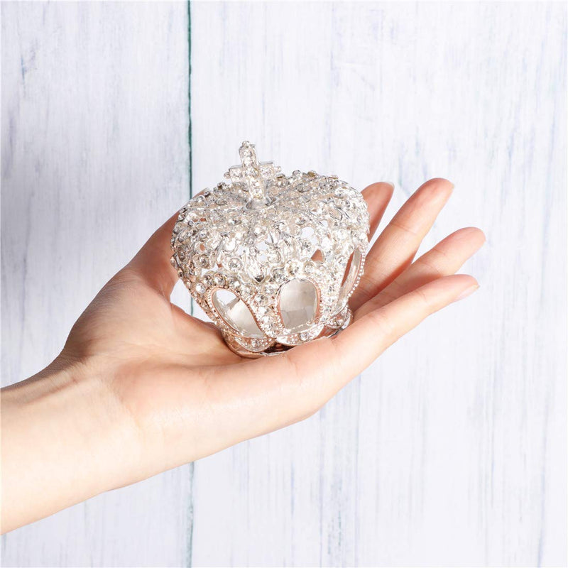 [Australia] - Waltz&F Hollow Diamond Crown Metal Ring Holder Jewelry Box with White Crystals Hinged Trinket Box Handmade Table Centerpiece Decor 