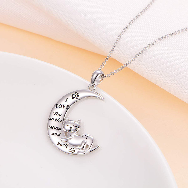 [Australia] - JZMSJF Crescent Moon Necklace 925 Sterling Silver Engraved I Love You to The Moon and Back Puppy Dog Cat Paw Cat Pendant 