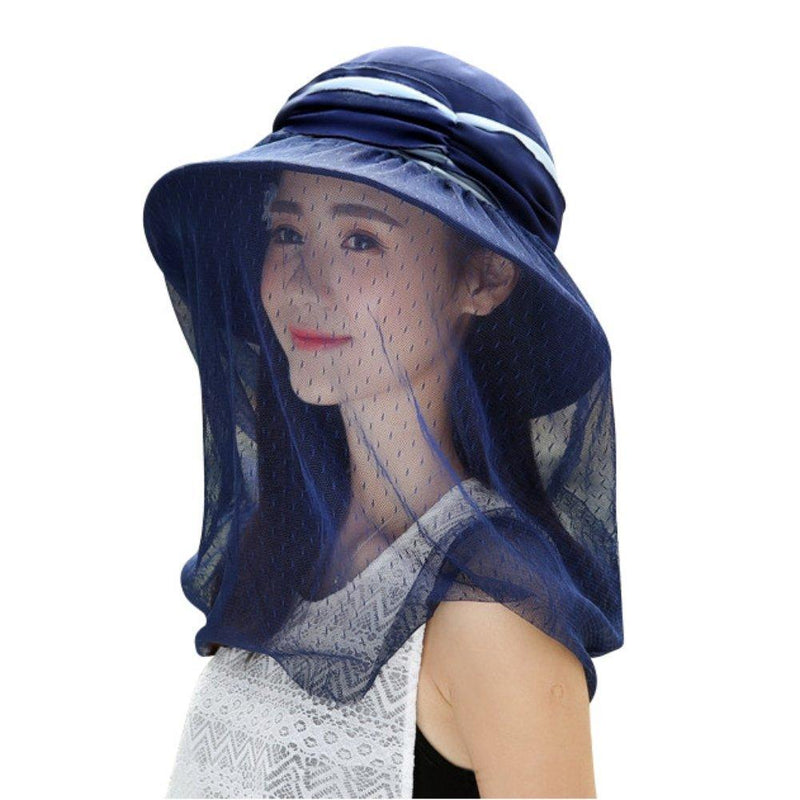[Australia] - Women Bucket Hat Wide Brim Sun Hat with Mosquito Head Net Veil Beach Sunhat Elegant Ladies Hat for Wedding Evening Party Outdoor Sun Protection Hat Cap for Cycling Gardening Beekeeping Camping Navy blue 