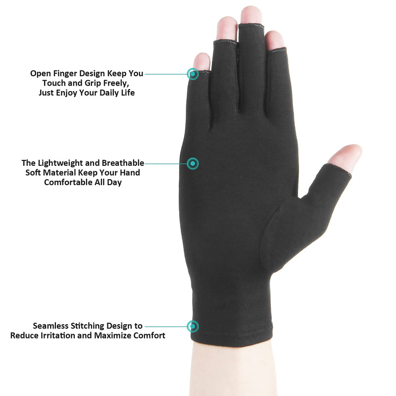 [Australia] - 2 Pairs Arthritis Compression Gloves for Relieve Rheumatoid Arthritis, Osteoarthritis, Carpal Tunnel, Joint Pain, Open Fingerless Gloves, Fit for Women and Men to Daily Work and Computer Typing (Black, Large) Black 