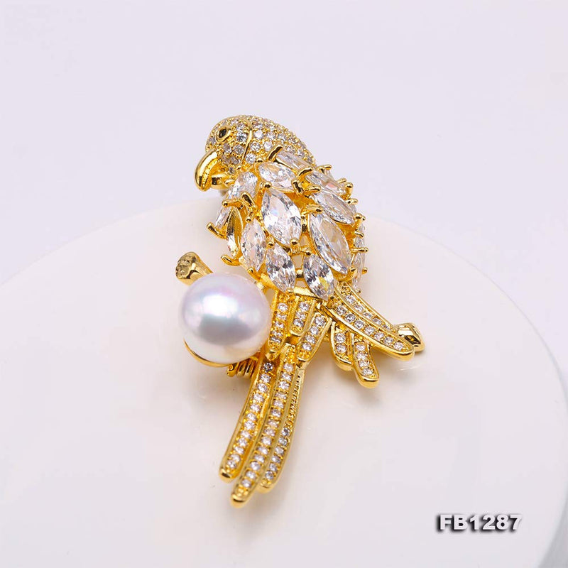 [Australia] - JYXJWELRY Pearl Brooches Parrot 10mm Round White Freshwater Cultured Pearl Brooch Pin for Women 