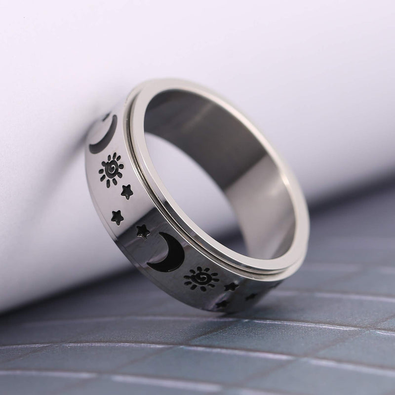 [Australia] - HZMAN Moon Star Sun Fine Tuning Rotating Ring Stainless Steel Boho Jewelry for Women Men Sizs 5-12 Silver 6 